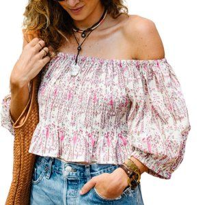 Perry Walker Collective The Ophelia Top block print pink cream off shoulder crop